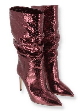 Paris Texas Metallic Burgundy Snake-Embossed Slouch Stiletto Boots 36